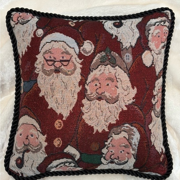 Santa Faces Pillow AOP Red White Green Metallic Thread Black Rope trim EUC - Picture 1 of 4